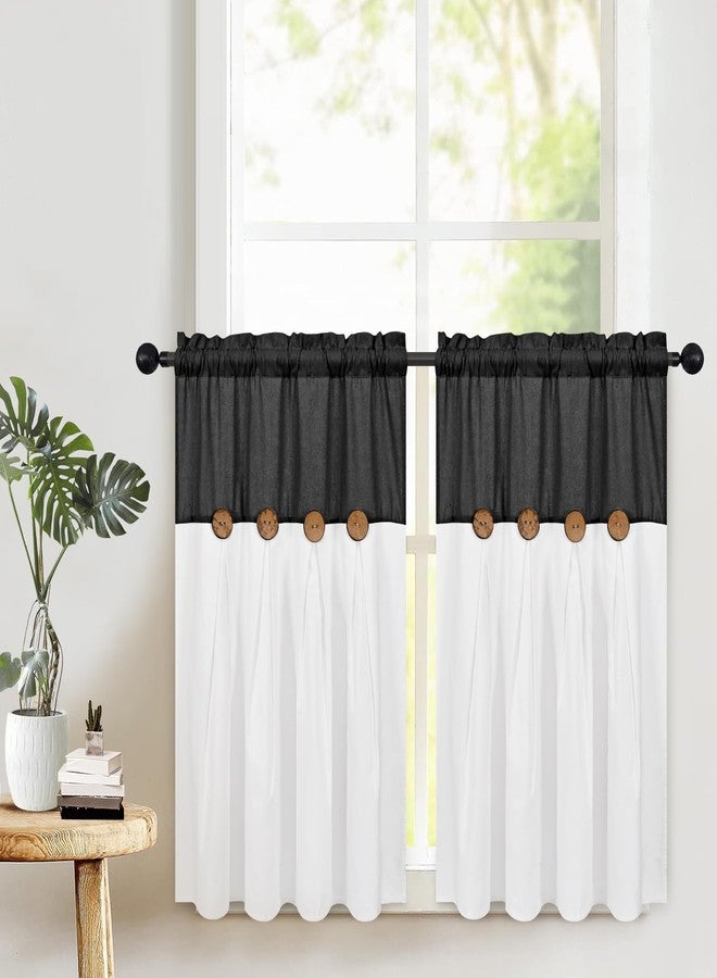 FRAMICS Boho Kitchen Curtains 36 Inch Length, Farmhouse Cotton Linen Tier Curtains, Rustic Button Short Curtains for Windows, Black Country Cafe Curtains, Rod Pocket Small Window Curtains for Kitchen, 26x36 - Image 1